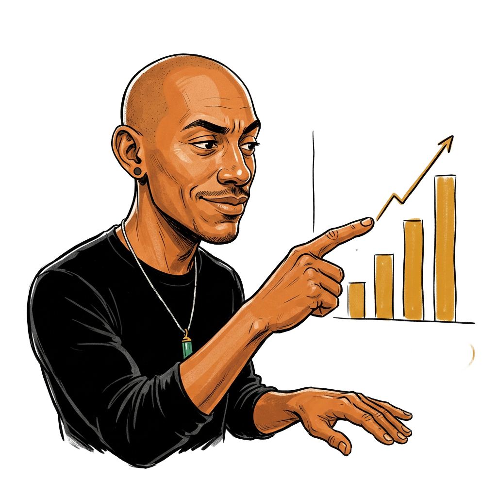 Ink illustration of Kris Granger annotating a chart with a marker