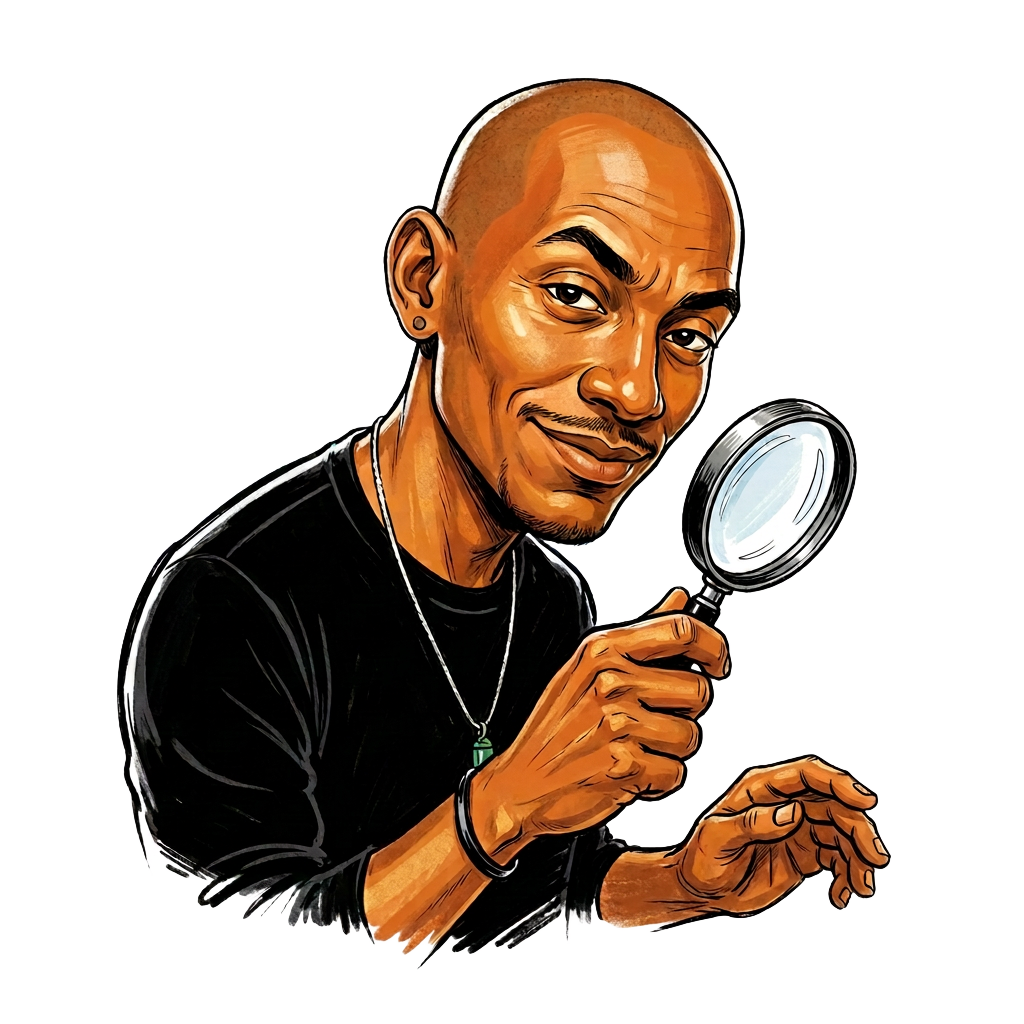 Ink illustration of Kris Granger holding a magnifying glass with a sceptical expression