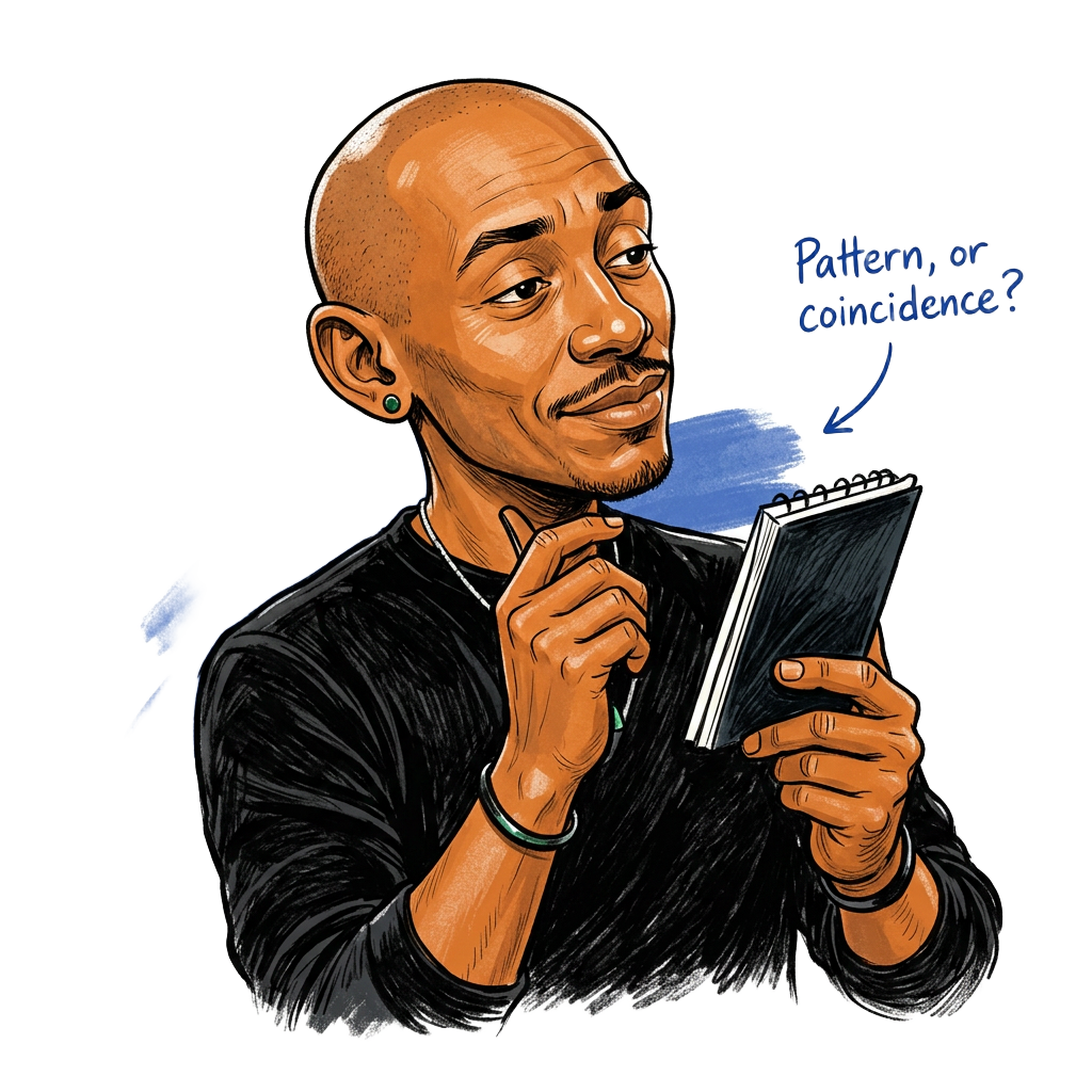 Ink illustration of Kris Granger seated with a notebook, thinking